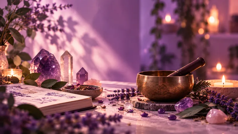 Tigela tibetana, cristais e lavanda sobre uma mesa de mármore