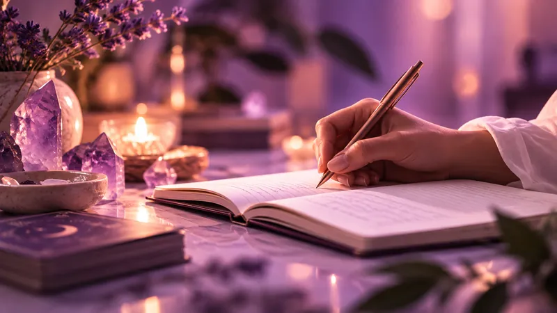 Mesa com cristais, velas e uma terapeuta escrevendo num caderno