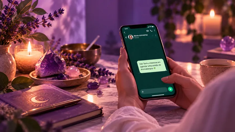 Mãos segurando um celular com uma conversa de WhatsApp para agendar sessão